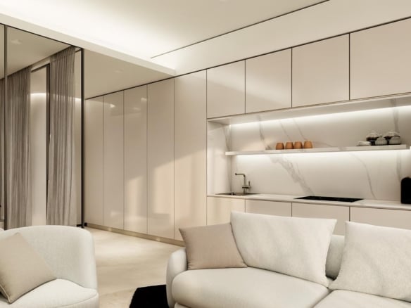 Studio living area render, Henge Residences, Saadiyat Island