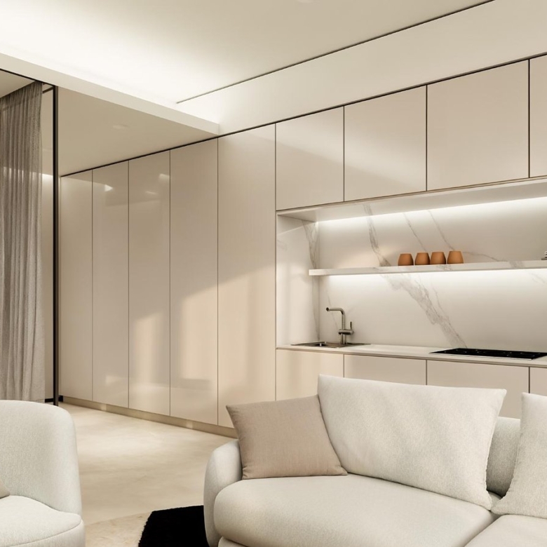 Studio living area render, Henge Residences, Saadiyat Island