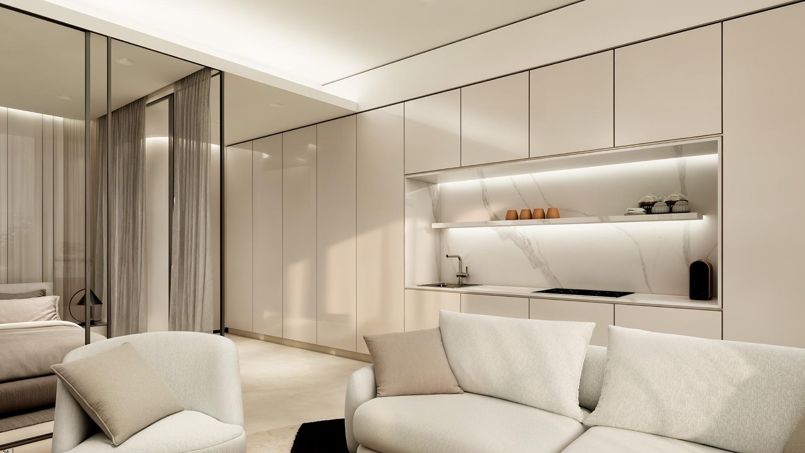 Studio living area render, Henge Residences, Saadiyat Island