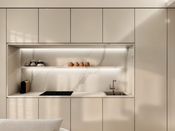 Studio kitchen render, Henge Residences