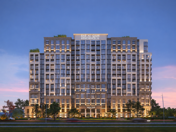 Architectural visualisation of Bab Al Qasr Residence 31 at dusk, Yas Bay, Abu Dhabi