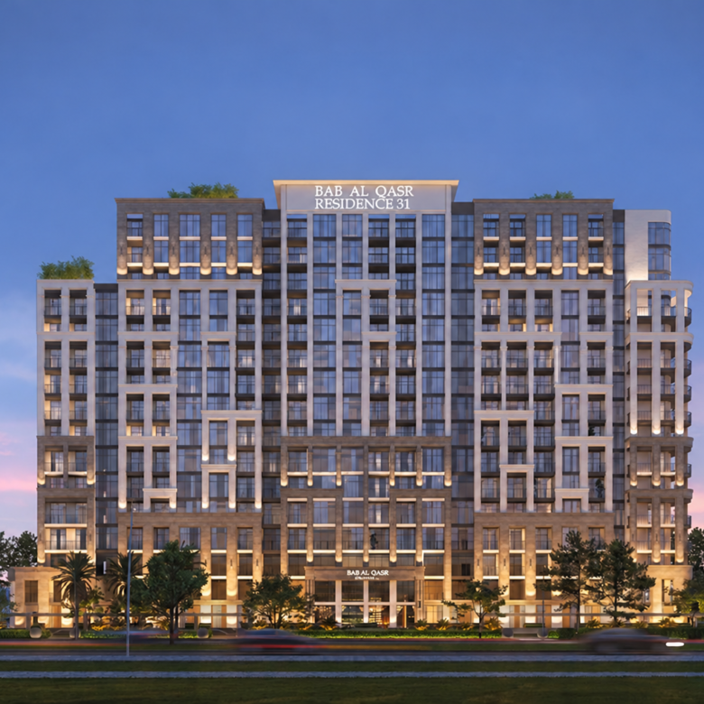 Architectural visualisation of Bab Al Qasr Residence 31 at dusk, Yas Bay, Abu Dhabi