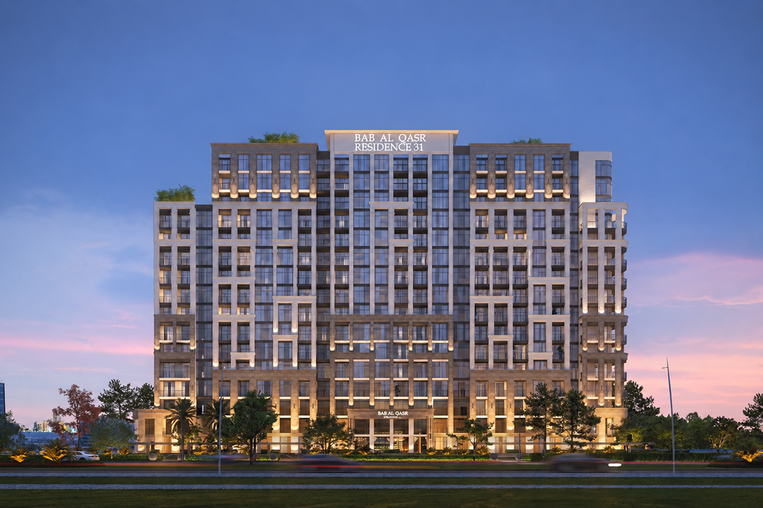Architectural visualisation of Bab Al Qasr Residence 31 at dusk, Yas Bay, Abu Dhabi