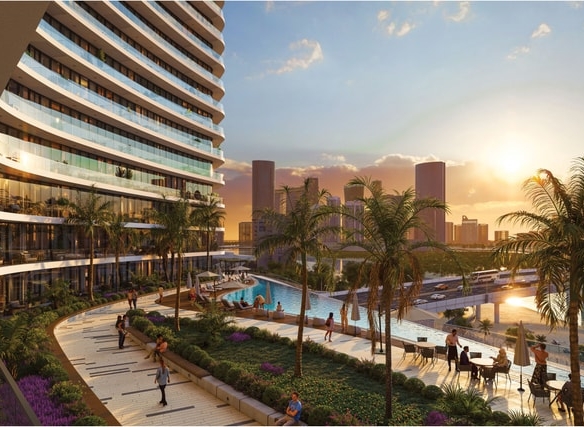 Architectural visualisation of Marlin 2 pool terrace and waterfront towers on Al Reem Island, Abu Dhabi