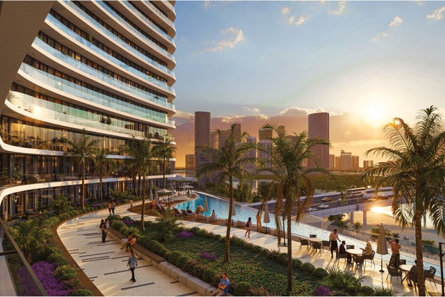 Architectural visualisation of Marlin 2 pool terrace and waterfront towers on Al Reem Island, Abu Dhabi