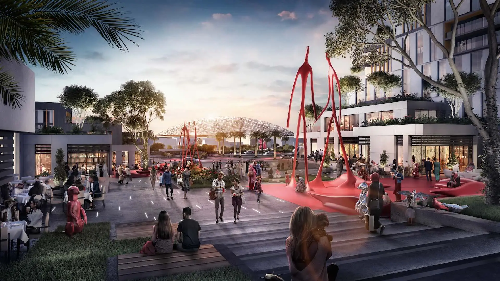 Architectural rendering of a Saadiyat Cultural District plaza with landscaped terraces and red sculptures