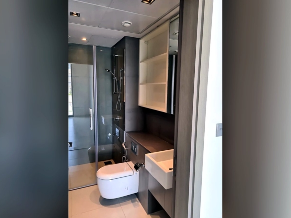 Ensuite bathroom with glass shower, Shams Meera apartment