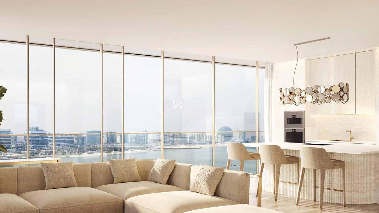 stellar-elie-saab-yas-island-1-bedroom-resale-05-living-kitchen-dining Living and dining area render, Stellar by Elie Saab apartment