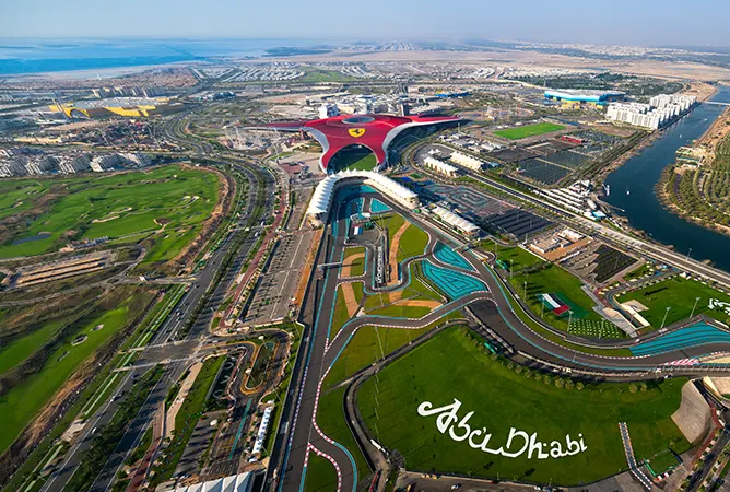 Aerial view of Yas Island with Ferrari World, Abu Dhabi